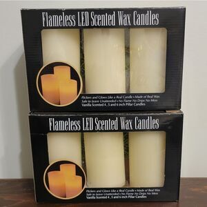 New Flameless LED Vanilla Scented Graduated Ivory Wax Pillar Candle Set of 3